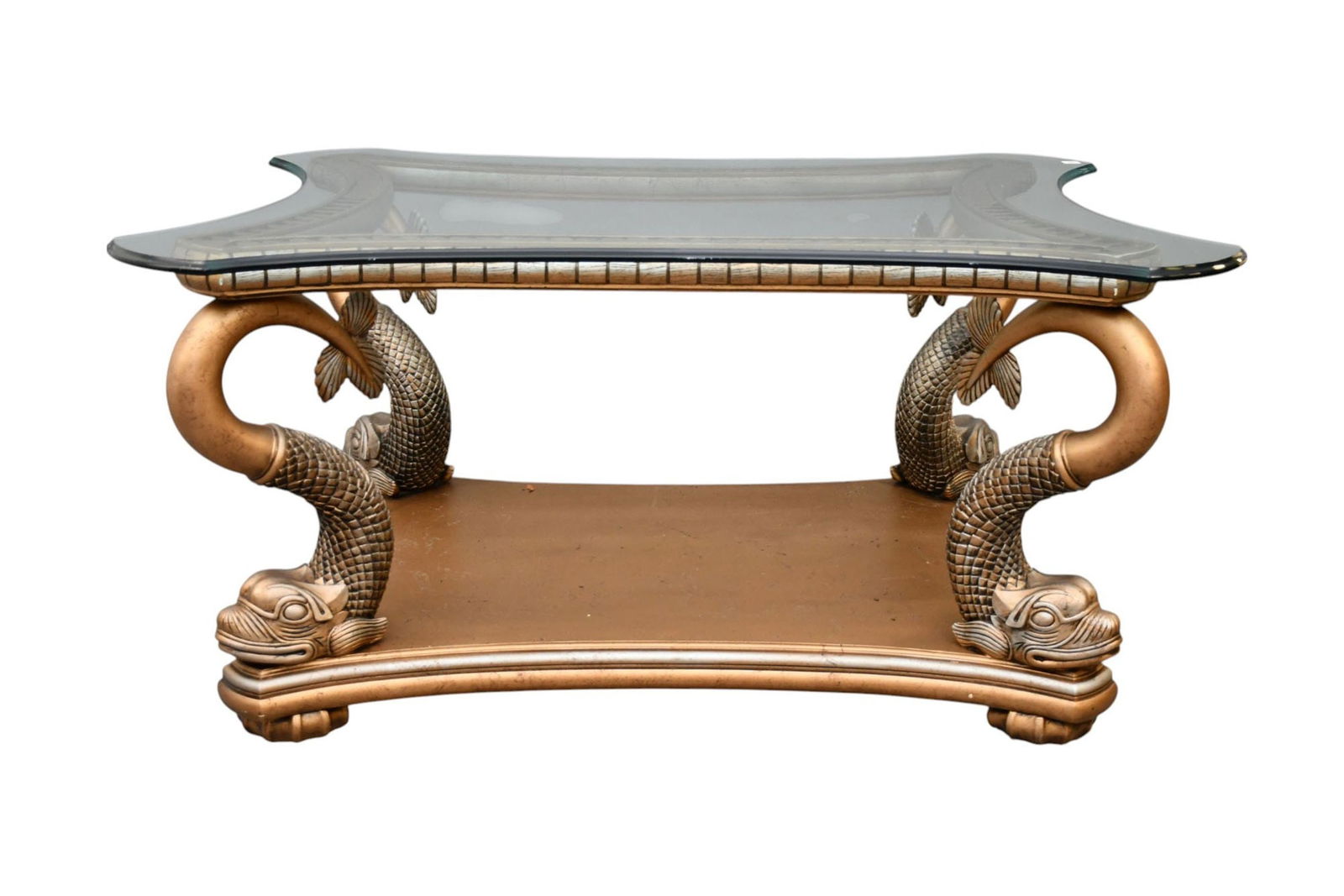 Coffee Table, 4 Curving Dolphin Supports with Conforming Glass Top, 25"H x 52"w x: Coffee Table, 4 Curving Dolphin Supports with Conforming Glass Top, 25"H x 52"w x 40"d ***If this item is not picked up by the Friday following the auction, it will be moved to offsite storage and pic