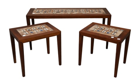 3 Pcs. "Copenhagen" Furniture, 2 Tile Top Side Tables & One Coffee Table/Bench, 18"h x 18"w x 14"d