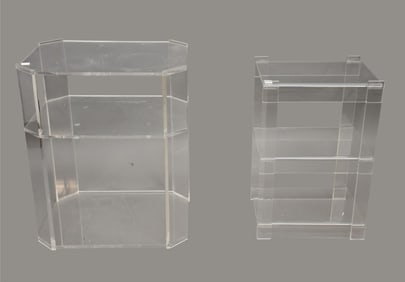 2 Lucite Side Tables, Smaller 24"h x 15 1/2"w x 13"w and Larger 26"h x 21"d x 16"d (some