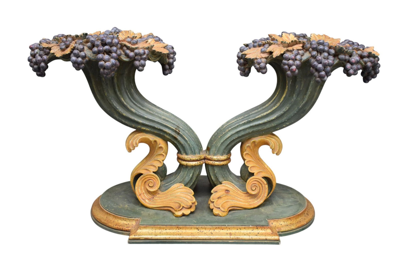 Fabulous Console with Painted Cornucopia Form Supports, 28"h x 52"w (sans glass: Fabulous Console with Painted Cornucopia Form Supports, 28"h x 52"w (sans glass top) ***If this item is not picked up by the Friday following the auction, it will be moved to offsite storage and picku