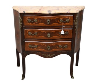 3 Drawer Antique French Chest, Serpentine Shape, 34"h x 34"w x 15"d (as is marble