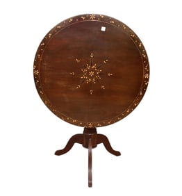 19th c. Tilt Top Table with Inlay Vine Border Design and Starburst Center on Trifed Base, 50"h (when
