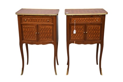 Pair French Side Tables, Marquetry Surface, Top, Sides, Drawer & Door Fronts with Bronze Metal