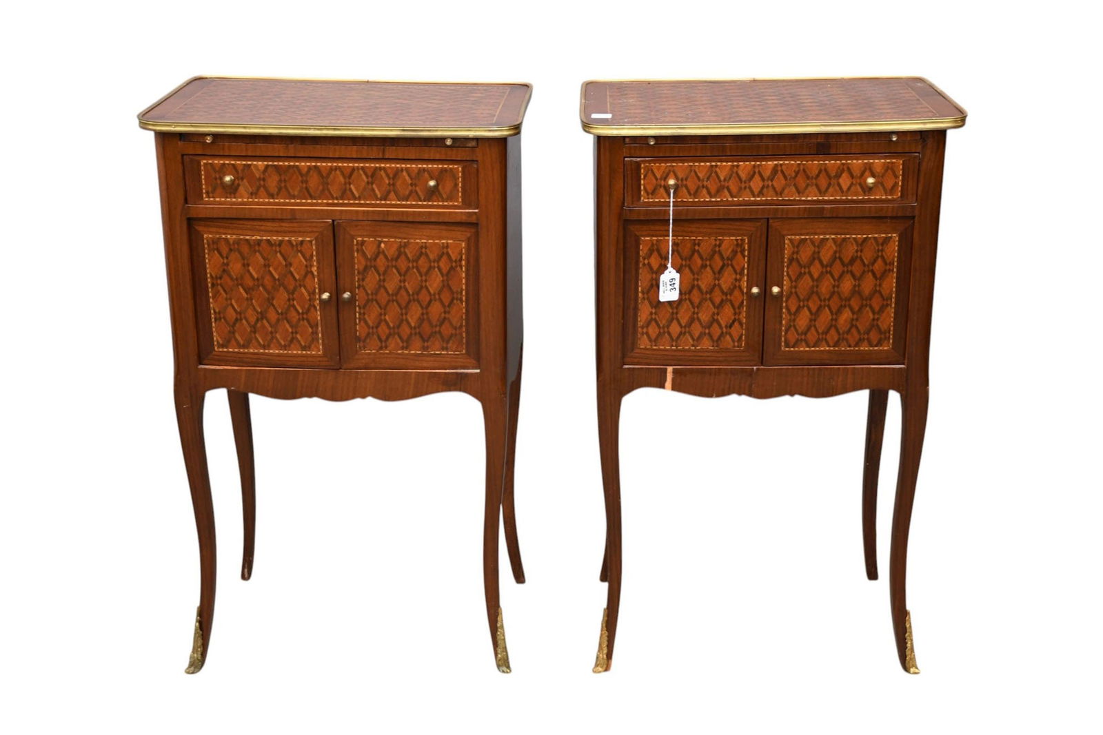 Pair French Side Tables, Marquetry Surface, Top, Sides, Drawer & Door Fronts with Bronze Metal (1 of 10)