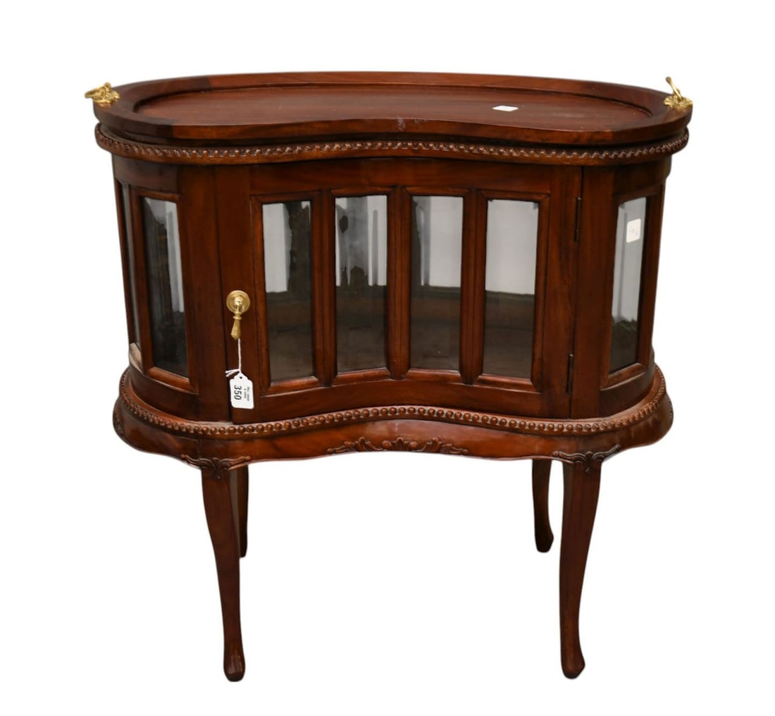 Mahogany Oval Vitrine with Panels of Beveled Glass Around, Removeable Tray on Cabriole Legs, 30" x: Mahogany Oval Vitrine with Panels of Beveled Glass Around, Removeable Tray on Cabriole Legs, 30" x 30" x 15" ***If this item is not picked up by the Friday following the auction, it will be moved to o