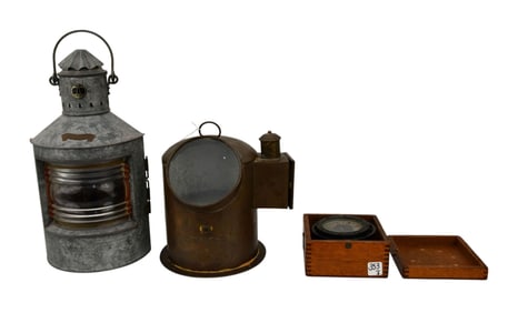 Three Antique Maritime Items, Binnacle Compass, Lantern - Vintage and Antique Nautical Items.