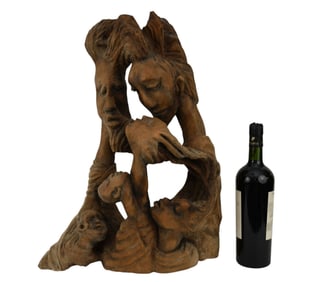Signed Vintage Carved Wood Root Figural Sculpture - c. Mid-20th Century. A carved sculpture of six