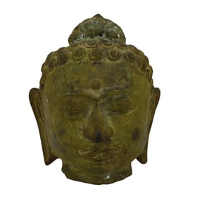Patinated Bronze Buddha Head, Southeast Asia, verdigris patina, crown of snail-shell curls, 8 3/4" h
