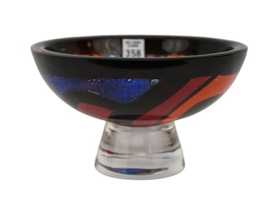 Jan Johansson Orrefors Expo Art Glass Footed Bowl - c. 1974. Sweden. A large footed bowl with black,