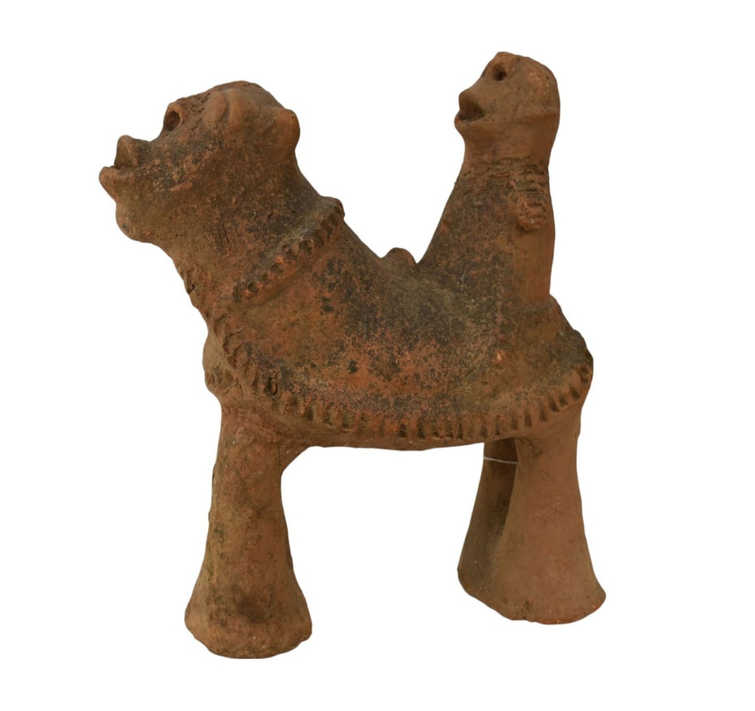 Dakakari Terracotta Funerary Sculpture, Northwest Nigeria - African Art. Dakakari/Dakarkari people.: Dakakari Terracotta Funerary Sculpture, Northwest Nigeria - African Art. Dakakari/Dakarkari people. An "Equestrian" terracotta group. Depicting a four-legged zoomorph with an anthromorph on its back, 
