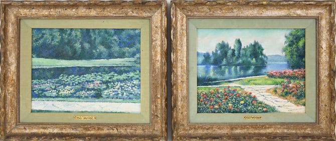 Pair Paul Bruyere oil on canvas paintings, Landscape Garden Scenes. painting sizes 9 x 12 inches.