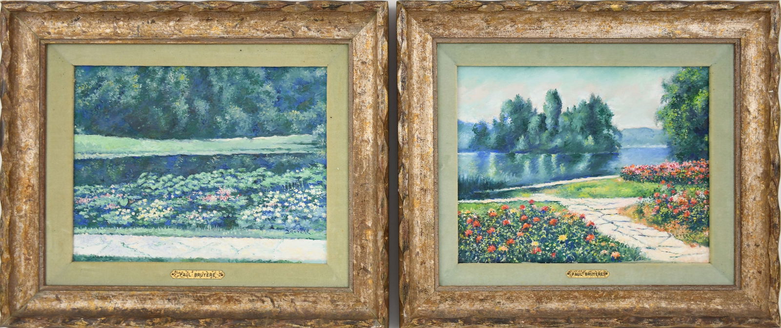 Pair Paul Bruyere oil on canvas paintings, Landscape Garden Scenes.  painting sizes 9 x 12 inches. (1 of 9)