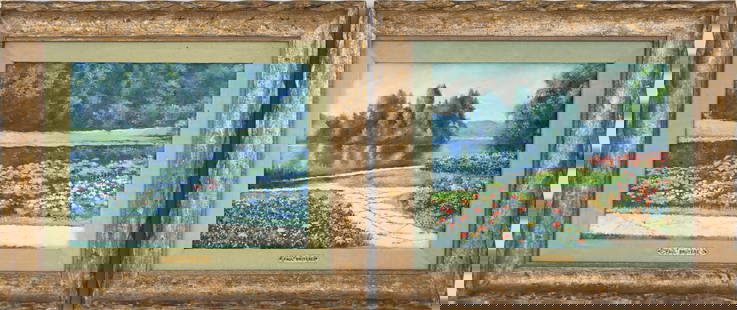 Pair Paul Bruyere oil on canvas paintings, Landscape Garden Scenes.  painting sizes 9 x 12 inches.: Pair Paul Bruyere oil on canvas paintings, Landscape Garden Scenes. painting sizes 9 x 12 inches. Overall framed size is 14 x 17-1/2 inches. Provenance: Partial Palm Beach Galleries worth Ave label on
