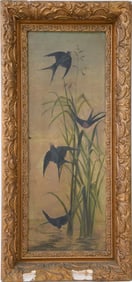 19th Century oil on canvas, Birds and reeds, canvas size 19 x 7-1/2 inches overall framed size is