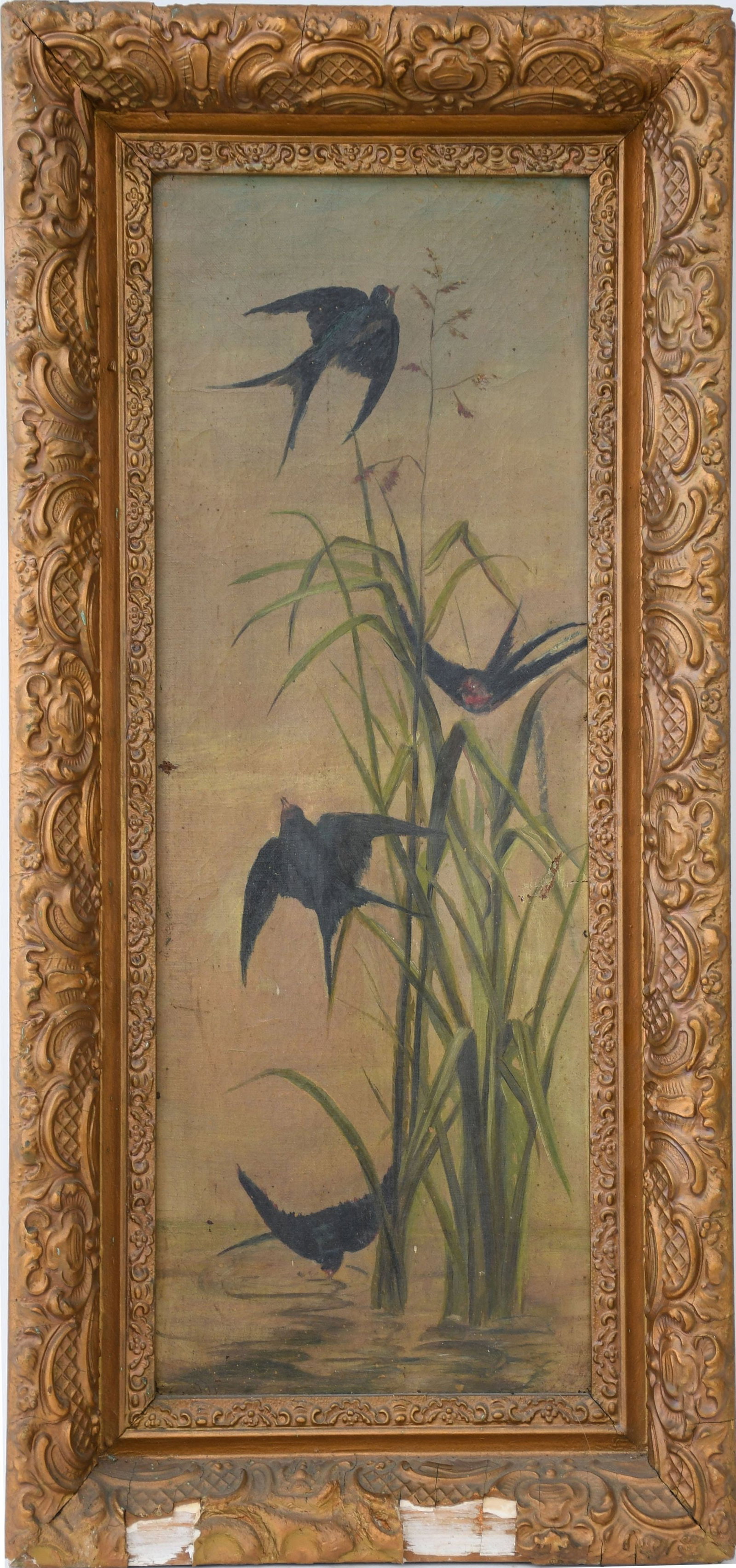 19th Century oil on canvas, Birds and reeds, canvas size 19 x 7-1/2 inches overall framed size is: 19th Century oil on canvas, Birds and reeds, canvas size 19 x 7-1/2 inches overall framed size is 22-1/2 x 11 inches.