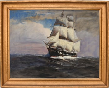 T. Bailey (19/20th century Massachusetts) oil on canvas board. Whaleship Charles W. Morgan at Sea.