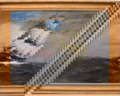 T. Bailey (19/20th century Massachusetts) oil on canvas board. Whaleship Charles W. Morgan at Sea.: T. Bailey (19/20th century Massachusetts) oil on canvas board. Whaleship Charles W. Morgan at Sea. 24 x 31-1/2 inches. Overall with frame 29-1/2 x 37 inches