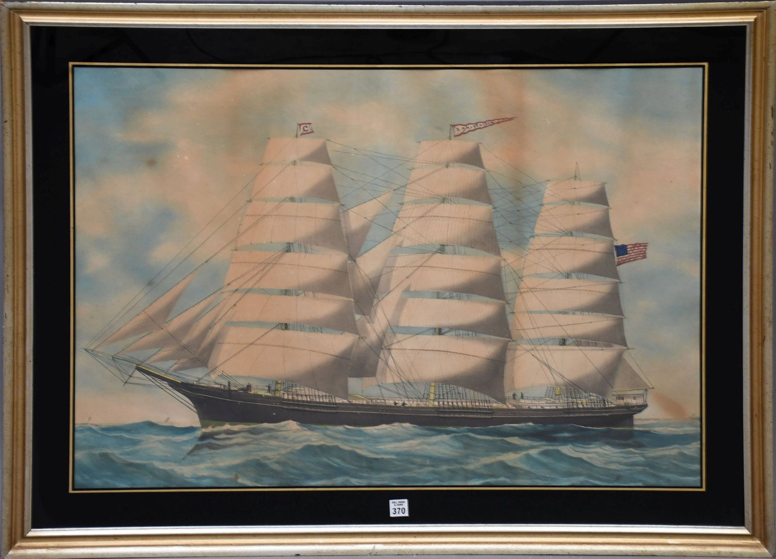 American School 19th Century, Watercolor, Clipper ship S.P. Hitchcock, painting size 25 x 35: American School 19th Century, Watercolor, Clipper ship S.P. Hitchcock, painting size 25 x 35 inches. Overall framed size 33 x 42-1/2 inches.
