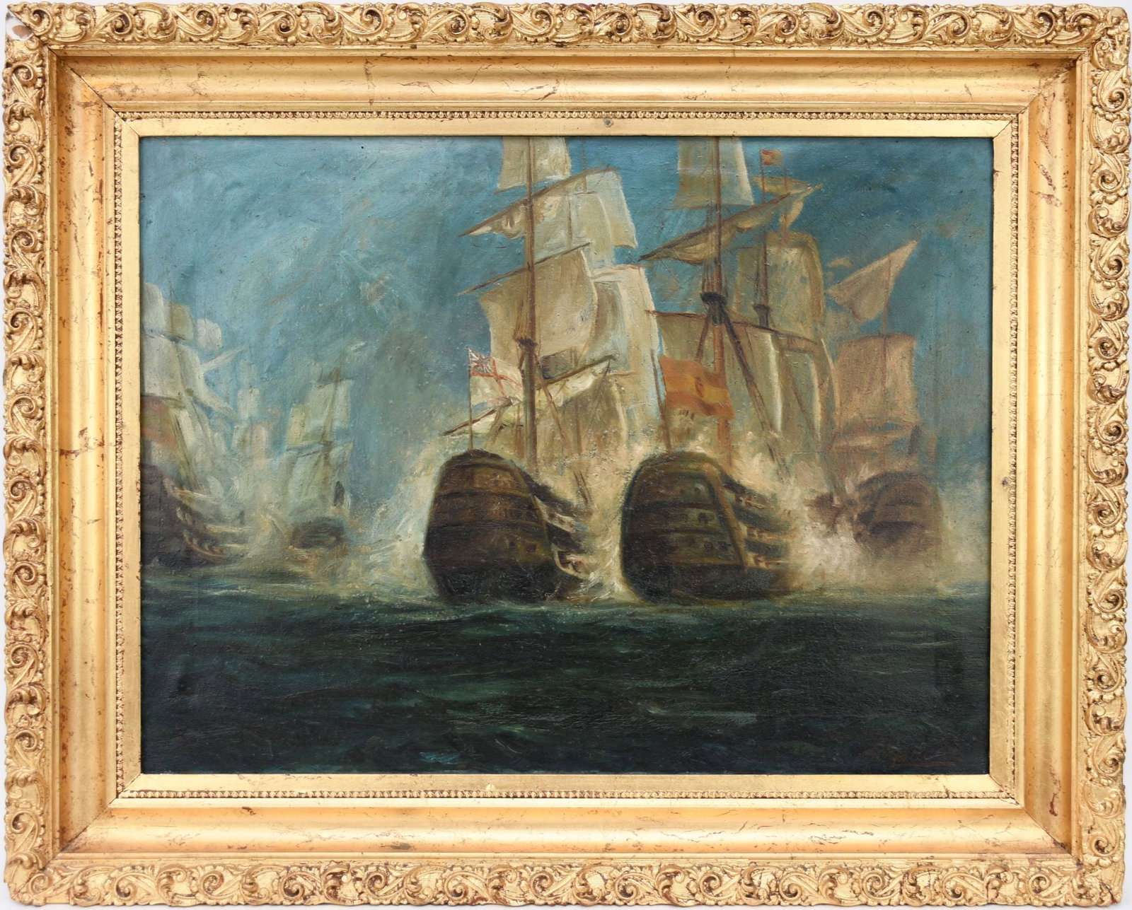 Antique Painting, Ships in Battle, signed illegibly lower right, oil on canvas 18-1/2 x 24-3/4: Antique Painting, Ships in Battle, signed illegibly lower right, oil on canvas 18-1/2 x 24-3/4 inches. Overall framed size 24 x 30 inches