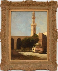 Emmanuel de Dieudonne (1845 - 1889) Oil on Canvas, Orientalist Landscape -Middle Eastern Minaret