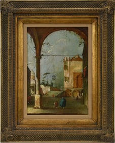 Unsigned? Italian School, courtyard Scene, canvas 15 x 10 ½ in. no visible signature. Overall