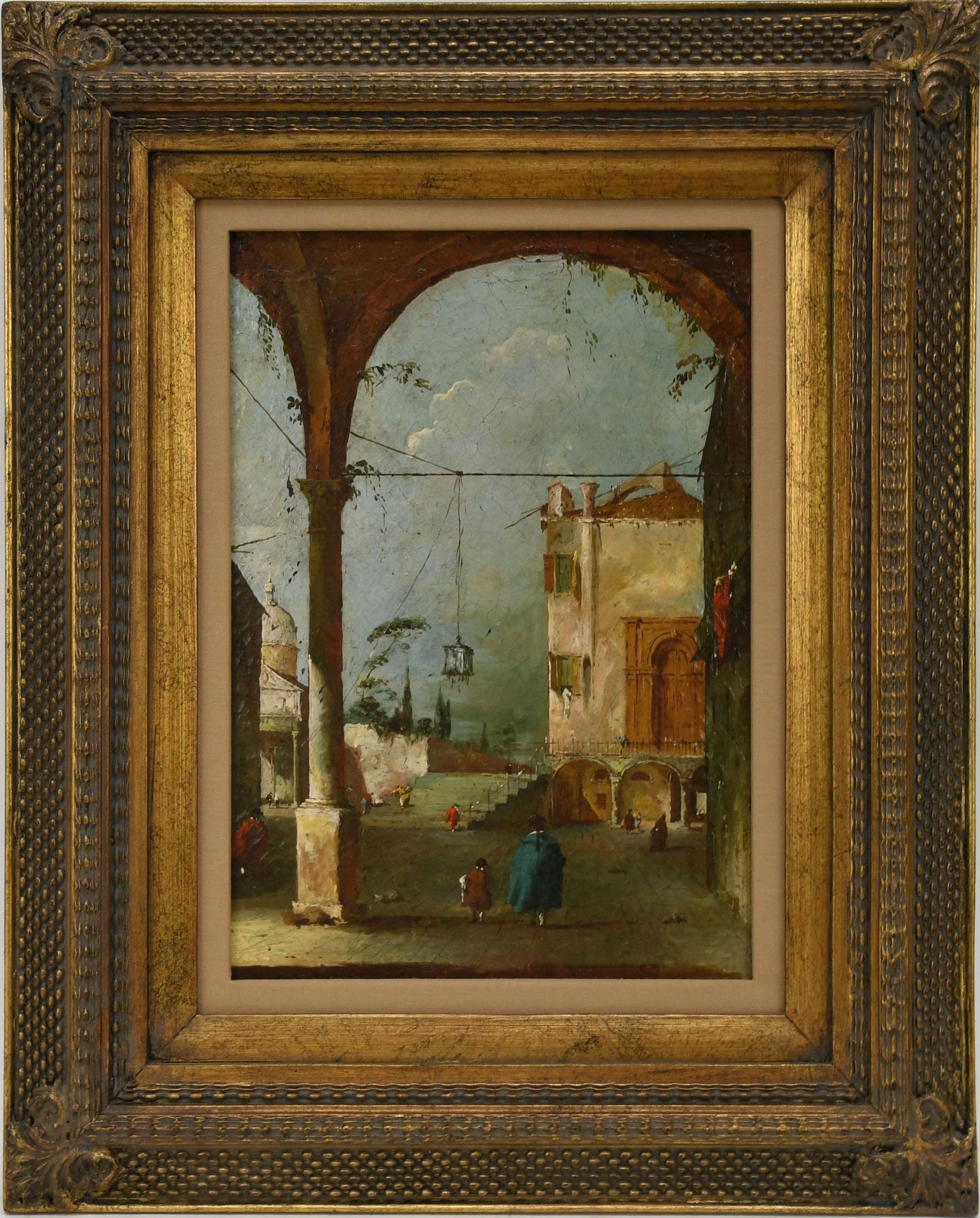 Unsigned?  Italian School, courtyard Scene, canvas 15 x 10 ½ in. no visible signature. Overall (1 of 6)