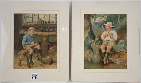 Two antique watercolors monogrammed FS and dated 86. Possibly Frank Shapley, Boy Fishing and a Boy