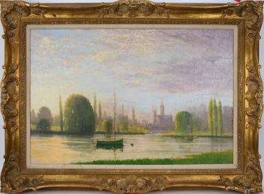 20th Century Painting by John Miller, Evening River Landscape 24 x 36 inches, overall frame size 32