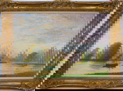 20th Century Painting by John Miller, Evening River Landscape 24 x 36  inches, overall frame size 32: 20th Century Painting by John Miller, Evening River Landscape 24 x 36 inches, overall frame size 32 x 44 inches.