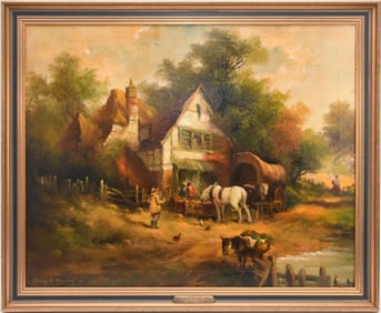 Henry T Harvey- Antique British Painting. oil and canvas at the Inn 24 x 30?? overall frame size 27