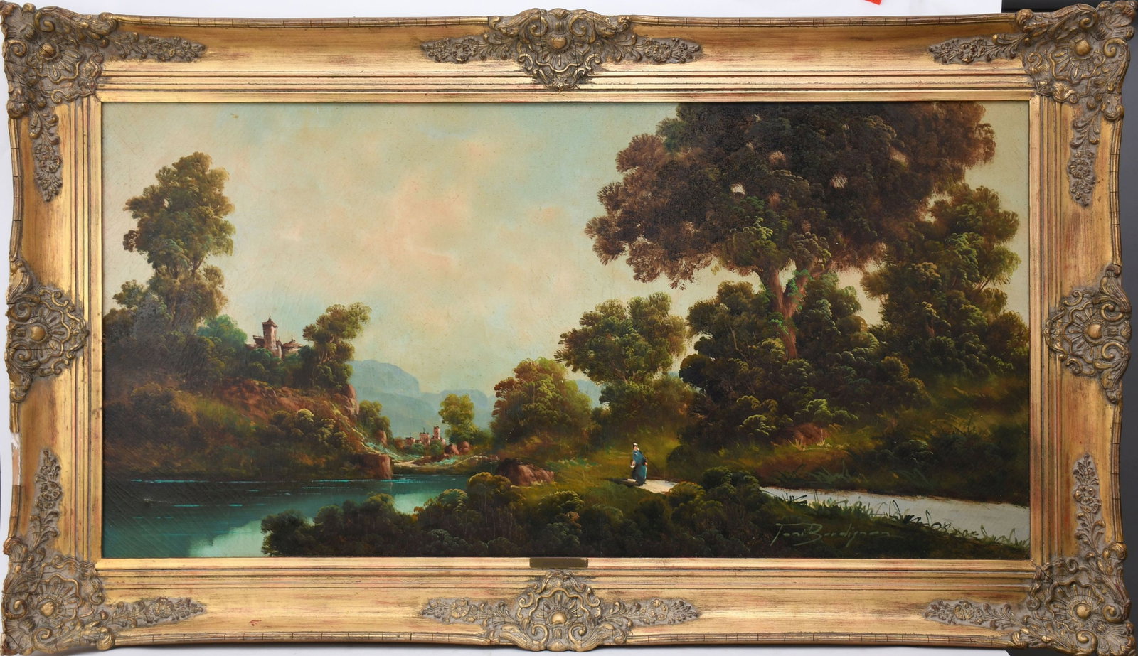 TONI BORDIGNON (b. 1927, France) Large Landscape oil in canvas, figures on a path by river castles: TONI BORDIGNON (b. 1927, France) Large Landscape oil in canvas, figures on a path by river castles in the distance canvas 24 x 48” overall frame size 32 1/2 x 56 1/2” AK