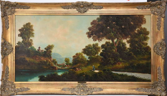 TONI BORDIGNON (b. 1927, France) Large Landscape oil in canvas, figures on a path by river castles: TONI BORDIGNON (b. 1927, France) Large Landscape oil in canvas, figures on a path by river castles in the distance canvas 24 x 48&rdquo; overall frame size 32 1/2 x 56 1/2&rdquo; AK