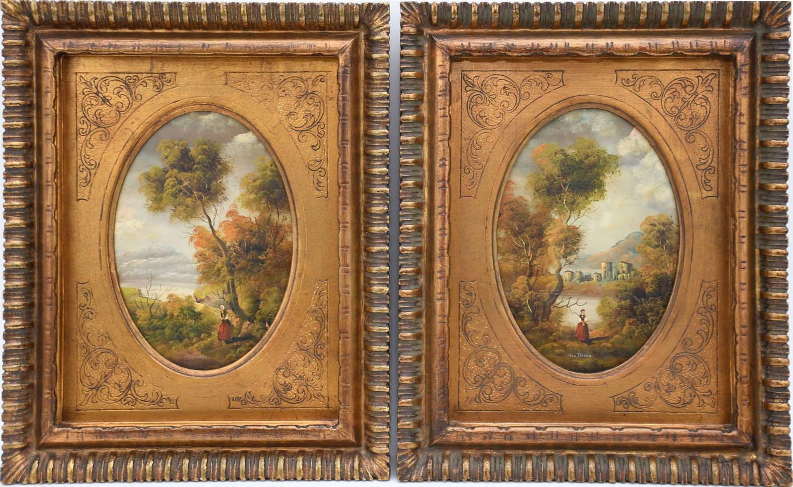 Pair Otto Van Thoren (1828 to 1898)  oval framed landscapes-lady in red dress, 7 x 4-3/4 inches (1 of 5)