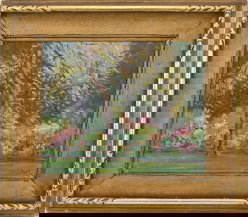 Attributed to George Elmer Brown (American 1871-1946) Tree landscape signed GEB, painting size 10 x: Attributed to George Elmer Brown (American 1871-1946) Tree landscape signed GEB, painting size 10 x 12 inches, overall framed size 15 1/2 x 17 1/2 inches.