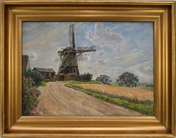 Viggo Langer (Denmark 1860 - 1942) Landscape with Windmill, oil on canvas 13 1/2 x 19 inches.