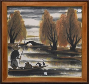 Vintage Asian Watercolor, guy on boat bridge and trees in background, signed illegibly lower left.