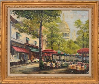 Luigi Marino oil on canvas Paris outdoor Café signed and dated 1963. Canvas size is 23-1/2 x 28-3/4