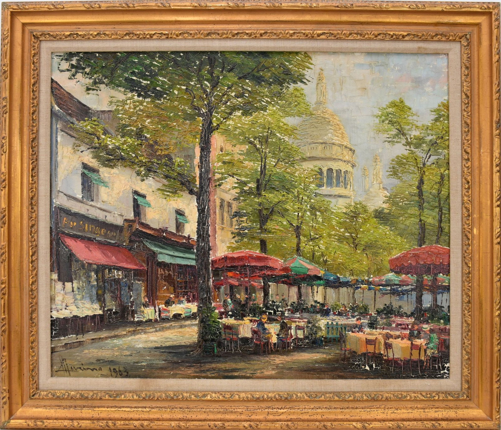 Luigi Marino oil on canvas Paris outdoor Café signed and dated 1963. Canvas size is 23-1/2 x 28-3/4: Luigi Marino oil on canvas Paris outdoor Café signed and dated 1963. Canvas size is 23-1/2 x 28-3/4 inches. in gold frame. overall framed size 30 x 35-1/2. paint loss lower right.