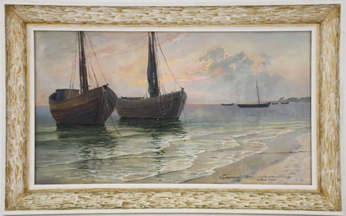 Wyszkowski Polish School dated 1935.  Watercolor on cardboard. Signed and dated 1935. Sun rise: Wyszkowski Polish School dated 1935. Watercolor on cardboard. Signed and dated 1935. Sun rise tonalist boats anchored by shore. 13 x 22 inches. Overall w/ frame 16 x 25 inches