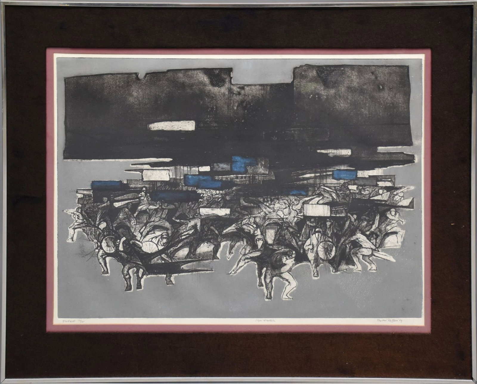 "Protest" Lithograph on paper by Rudolph van Rassem, edition 16/35 20 1/4 x 27 1/4 overall frame: "Protest" Lithograph on paper by Rudolph van Rassem, edition 16/35 20 1/4 x 27 1/4 overall frame size 28 x 35 inches