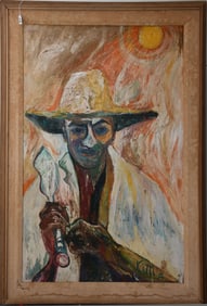 Vintage Cuba School . Oil on plywood. Sugar Cane Worker, signed lower right Kitti-72. painting board