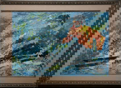 George Barrett- 20th Century, oil on canvas, Skiing. 24 x 36 inches overall framed size 32 x 43 1/2