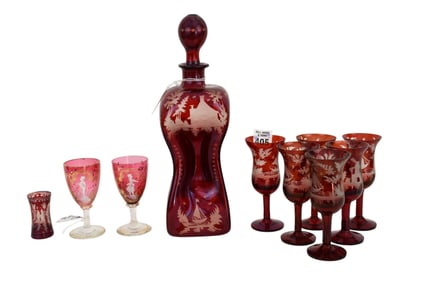 9 Antique Cordials, 7 Ruby Glass & 2 Cranberry Glass and 2 Cranberry Glass Kate Green Away Style,