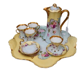 Haviland Antique 10 Pc. Chocolate Set, 10 1/2"h Coffee Pot & 18" x 18" Tray (one cup with crack)