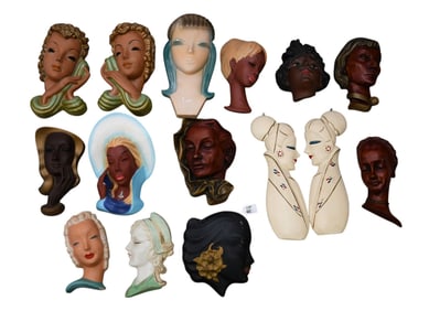 15 Vintage Assorted Plaster Heads, 16"h Tallest