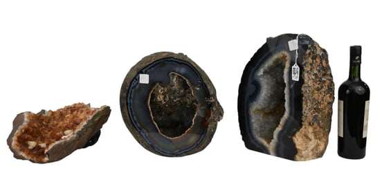 3 Geodes, One Unpolished Amber & 2 Polished, Largest 14"h x 10"w x 8"d