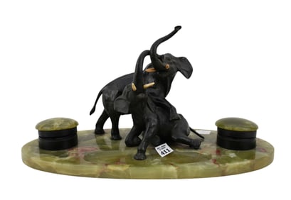 Onyx & Metal Desk Accessory, Pen Tray with 2 Inkwells and Elephant Sculpture in Center