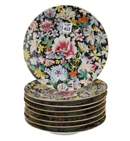 8 "China" Dinner Plates, All Over Floral Design on Black Ground, 9 3/4"dia