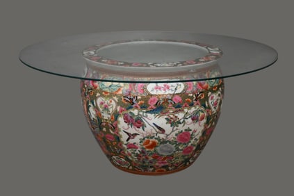 Oversized Chinese Fish Bowl/Jardiniere With Removeable Glass Top, 16"h x 19"w