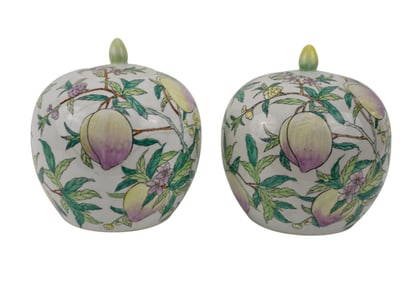 Pair of Chinese Famille Verte Lidded Jars, 20th Century With peach decoration, Each with conforming